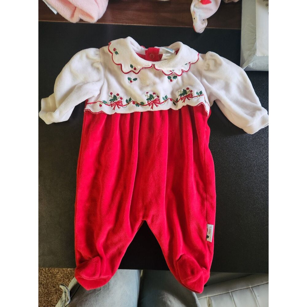 LittleMe Baby Girl 3M Red White Velour Christmas Holly Embroidered Footed Romper
